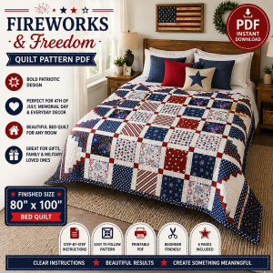 Fireworks & Freedom Quilt Pattern PDF, Patriotic Patchwork Quilt , Americana Quilt Pattern, Red White Blue Quilt, 80x100 Throw Bed Quilt