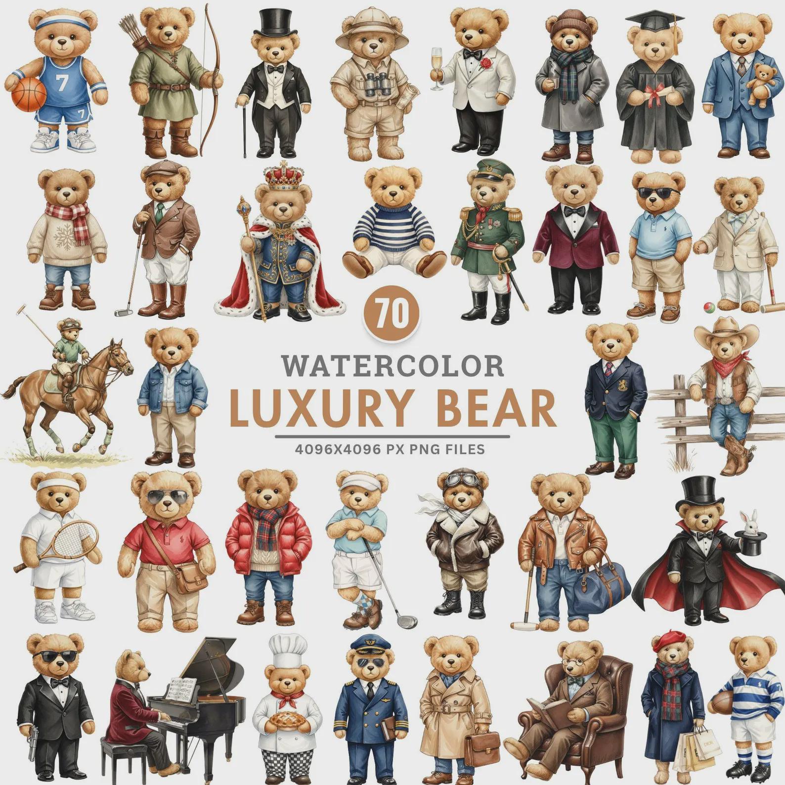 Watercolor Teddy Bear Clipart, Luxury Fashion PNG Bundle (Digital Download)