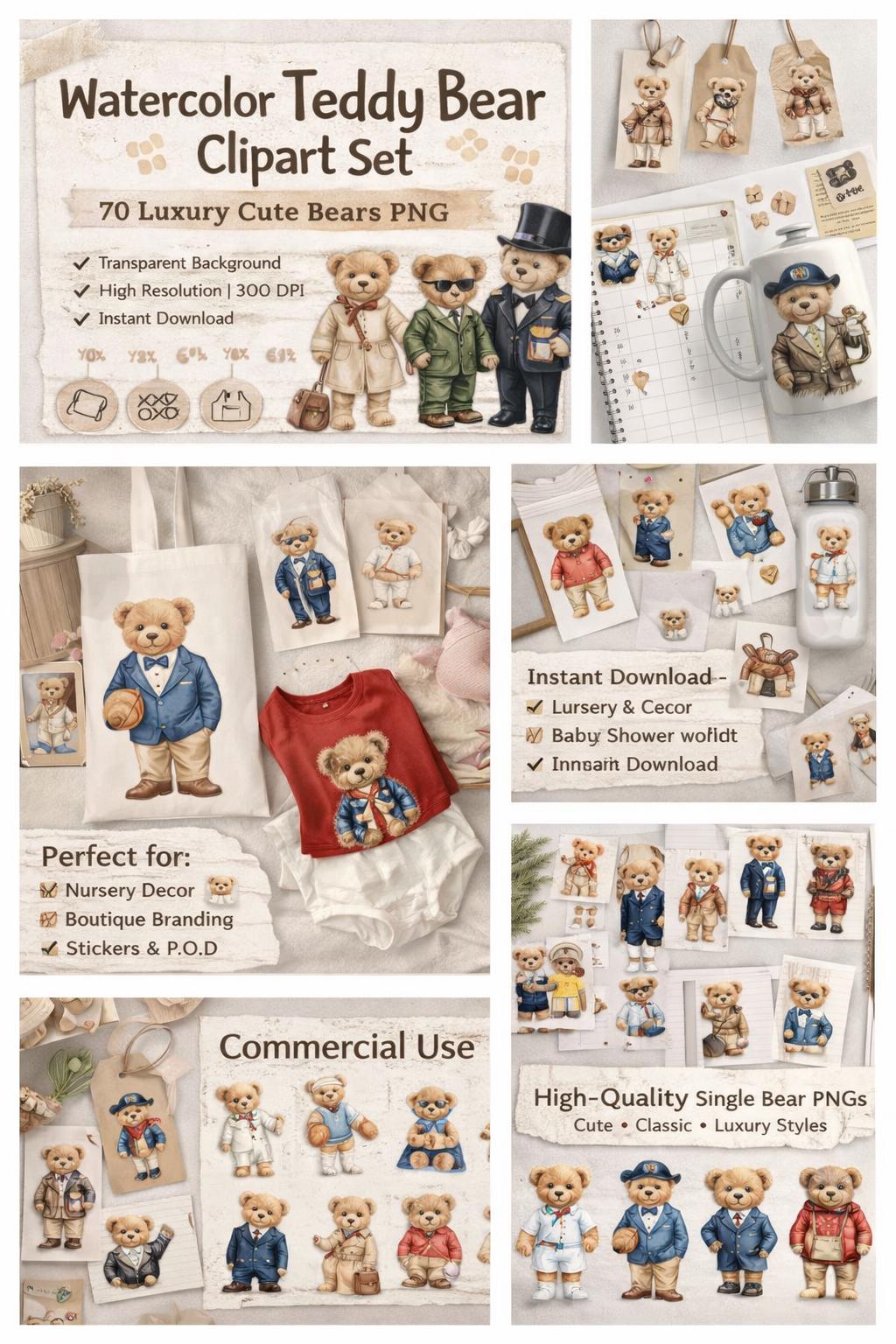 Watercolor Teddy Bear Clipart, Luxury Fashion PNG Bundle (Digital Download) - Image 2