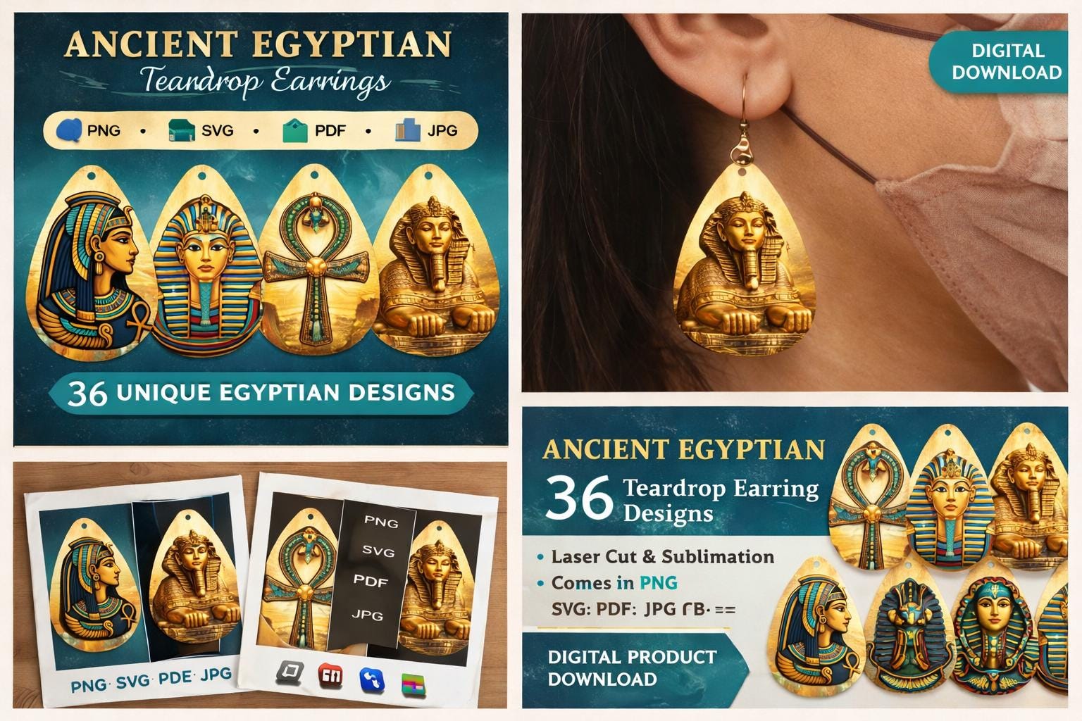 Ancient Egyptian Teardrop Earrings SVG | 36 Ankh Designs, Laser Cut & Print (Digital Download)