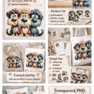 Whimsical Dog Clipart – Funny Puppy PNG Illustrations (Digital Download)
