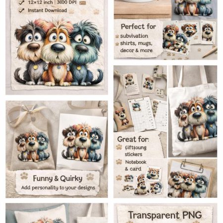Whimsical Dog Clipart – Funny Puppy PNG Illustrations (Digital Download)