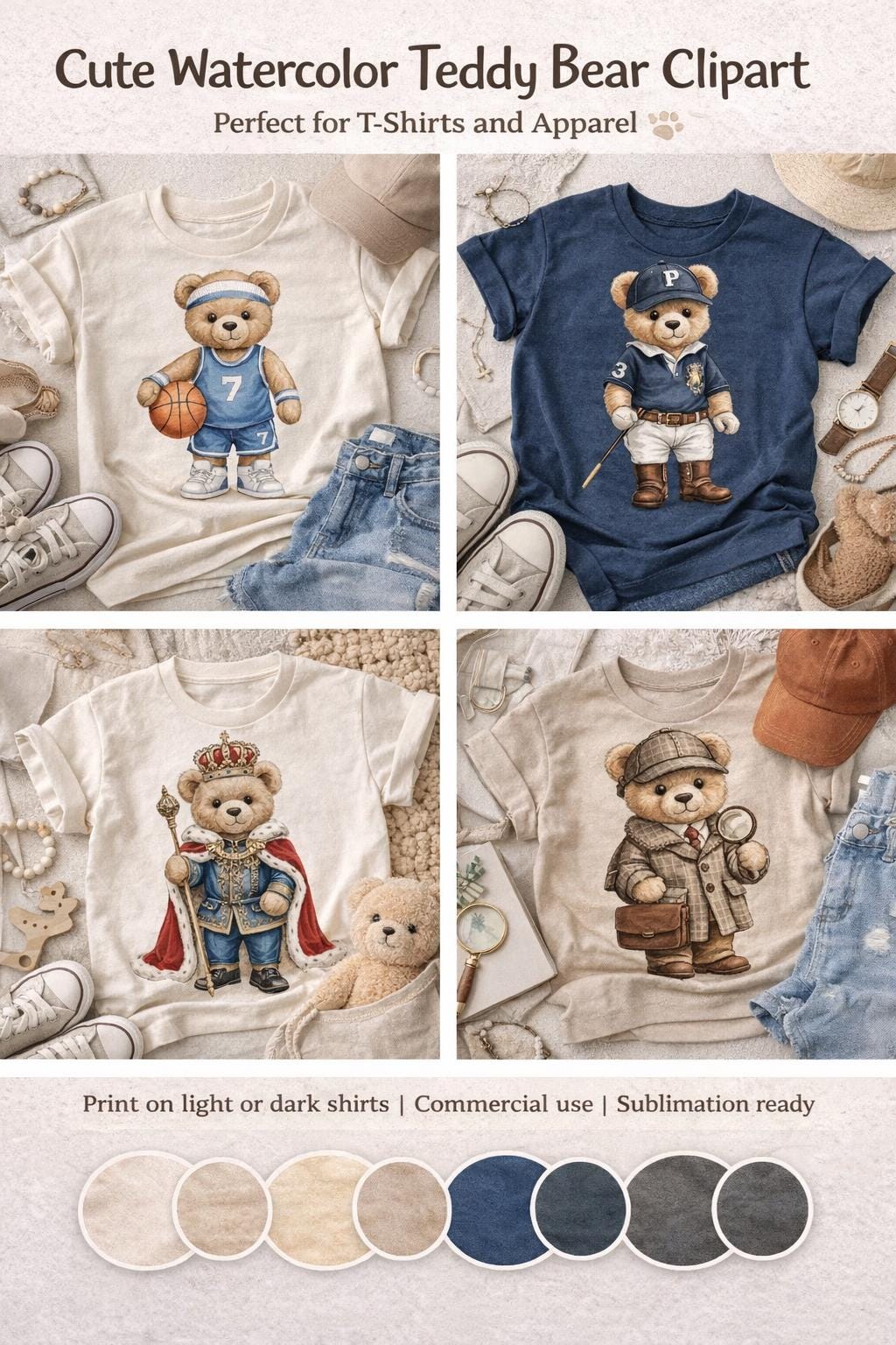 Watercolor Teddy Bear Clipart, Luxury Fashion PNG Bundle (Digital Download) - Image 3
