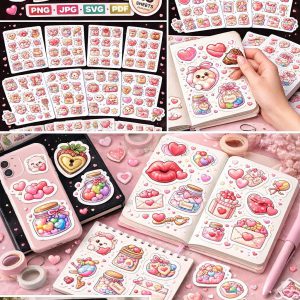 Valentine's Day Sticker Bundle | Modern Hearts, Bears, Candy (png, svg, jpg, pdf)