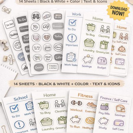 Planner Stickers Bundle | Minimalist, Icon, Text | 14 Printable Sheets (Digital Download)