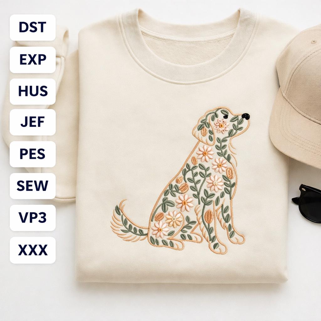 Floral Golden Retriever Embroidery Design | Dog Machine Embroidery Pattern (Digital Download)