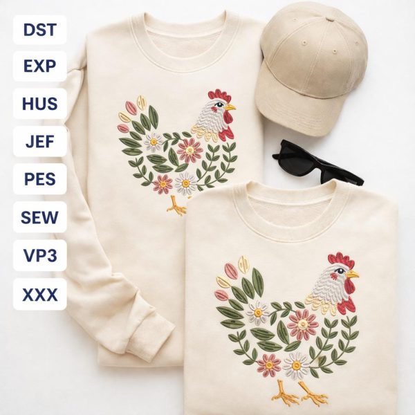 Floral Chicken Embroidery Design | Farmhouse Hen Machine File (Digital Download)