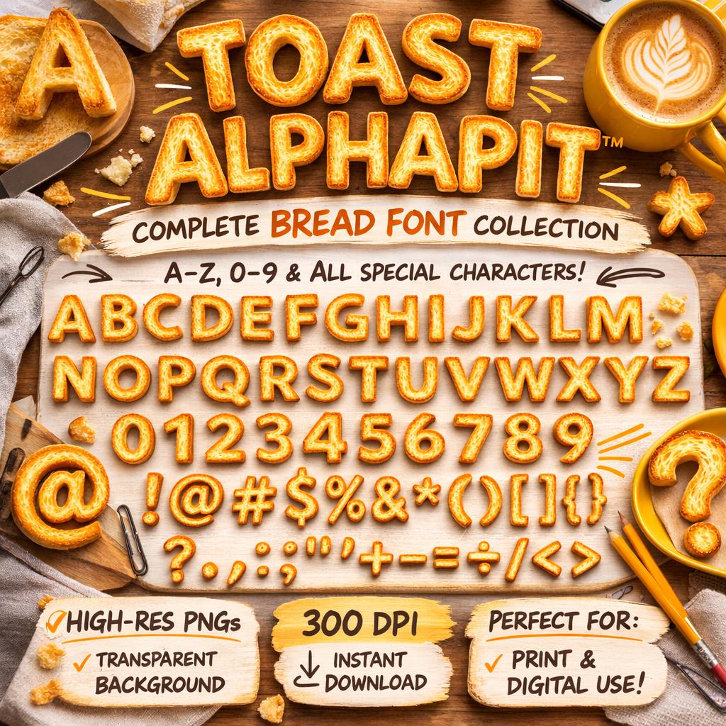 Realistic Toast Alphabet PNG Collection – Letters, Numbers, Symbols (Digital Download) - Image 4