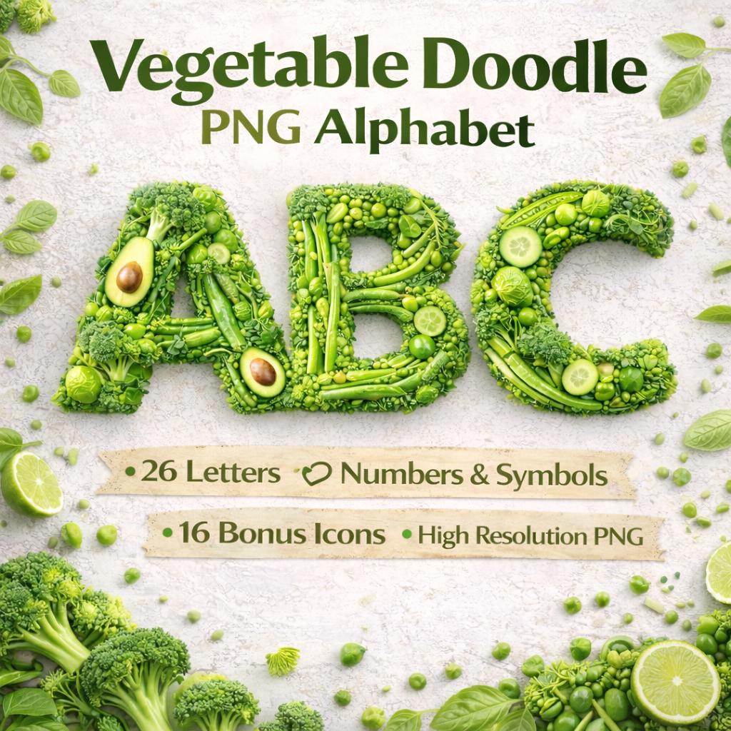 Vegetable Doodle Alphabet PNG | Healthy Food Letters & Numbers (Digital Download)