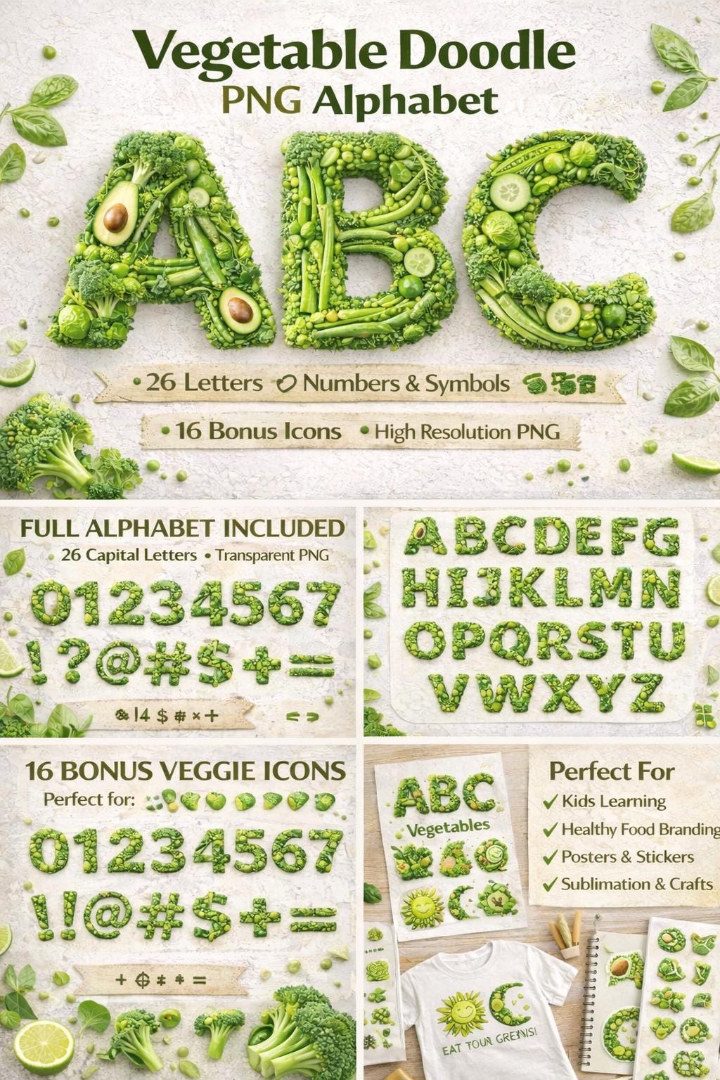 Vegetable Doodle Alphabet PNG | Healthy Food Letters & Numbers (Digital Download) - Image 3