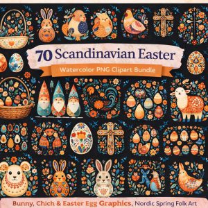 70 Scandinavian Easter Watercolor Clipart – Folk Art Bunnies, Eggs, Spring Graphics (Digital Download)