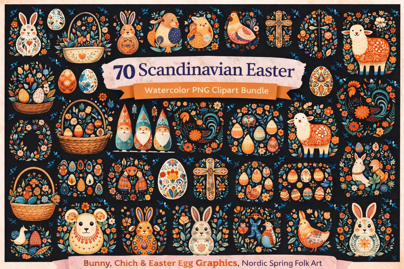 70 Scandinavian Easter Watercolor Clipart – Folk Art Bunnies, Eggs, Spring Graphics (Digital Download)