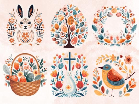 70 Scandinavian Easter Watercolor Clipart – Folk Art Bunnies, Eggs, Spring Graphics (Digital Download) - Image 10
