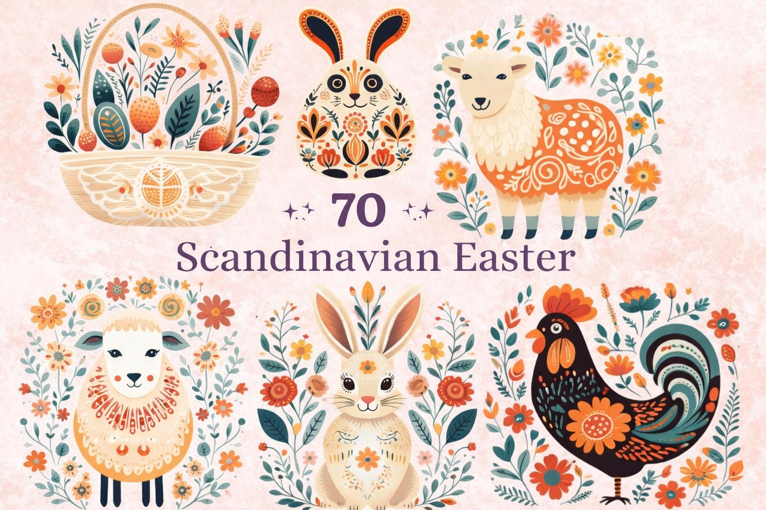 70 Scandinavian Easter Watercolor Clipart – Folk Art Bunnies, Eggs, Spring Graphics (Digital Download) - Image 6