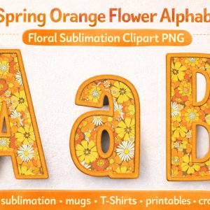 Spring Orange Floral Alphabet PNG Clipart, Retro Embroidery Letters (Digital Download)