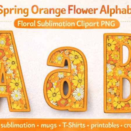 Spring Orange Floral Alphabet PNG Clipart, Retro Embroidery Letters (Digital Download)