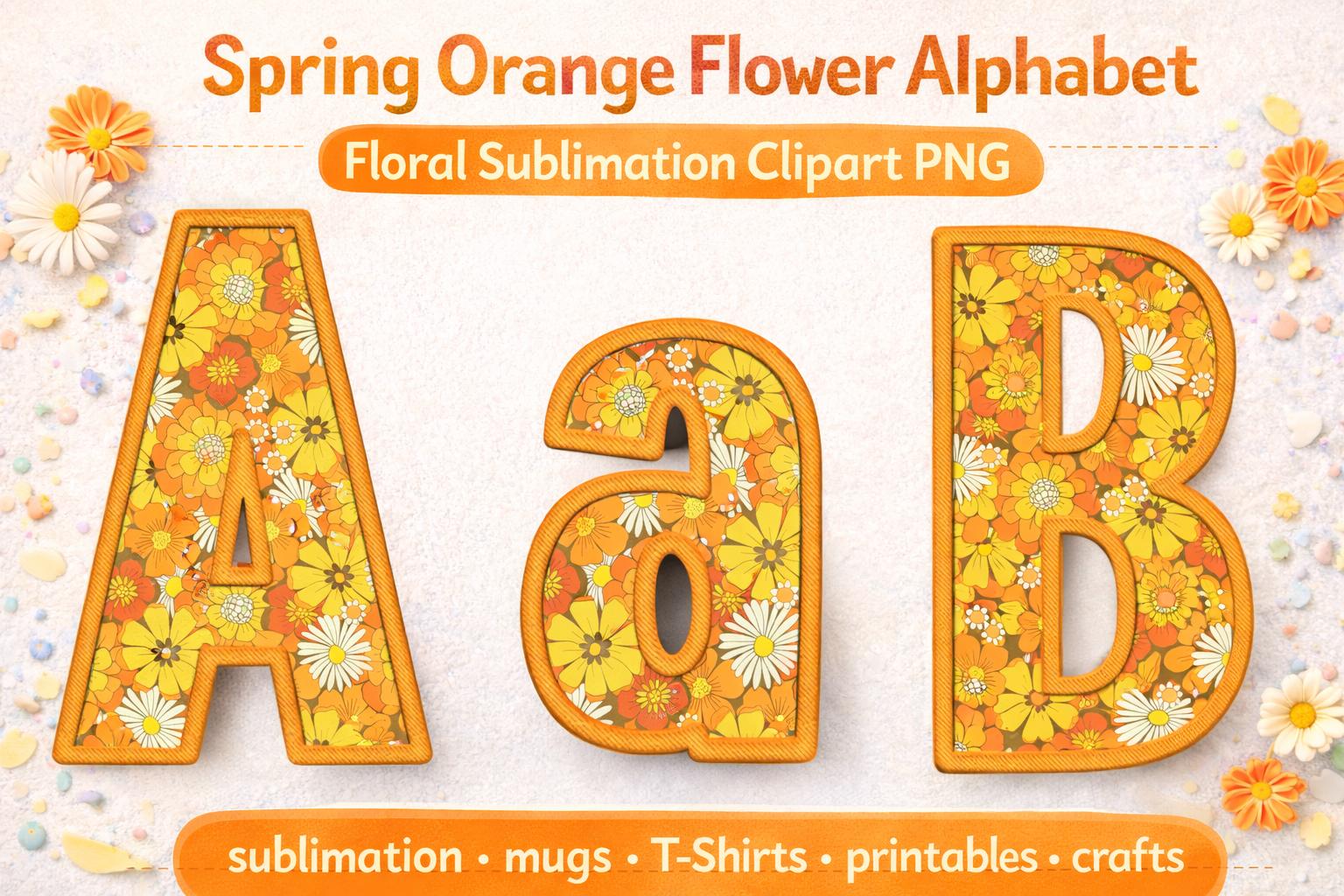 Spring Orange Floral Alphabet PNG Clipart, Retro Embroidery Letters (Digital Download)