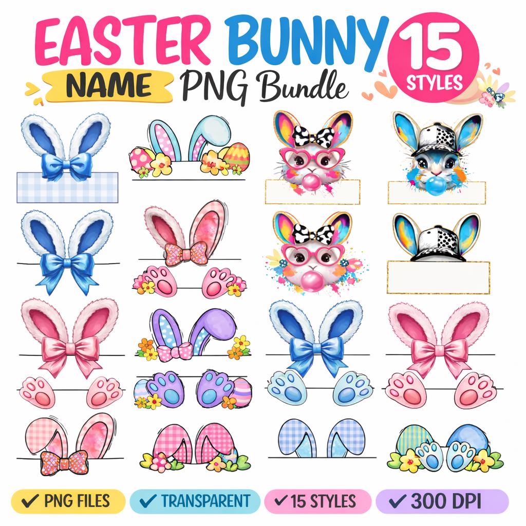 Easter Bunny Name PNG Bundle, 15 Styles, Kids Easter Sublimation Designs