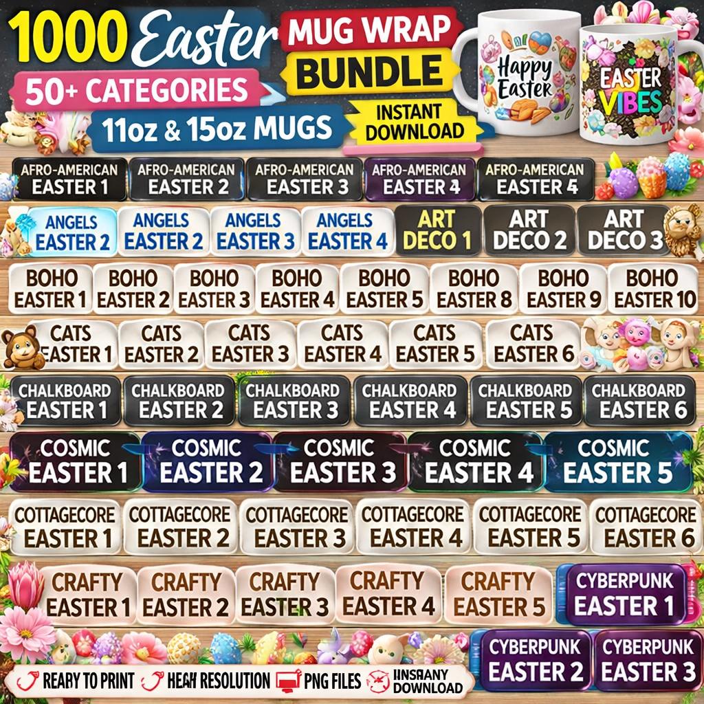 1000 Easter Mug Wraps | Sublimation PNG Bundle for 11oz & 15oz Mugs (Digital Download) - Image 8