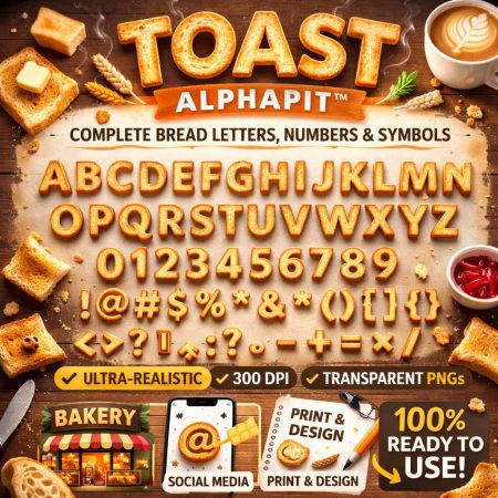Realistic Toast Alphabet PNG Collection – Letters, Numbers, Symbols (Digital Download)