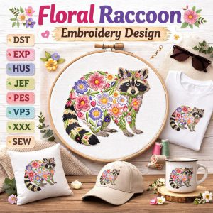 Floral Raccoon Embroidery Design, Woodland Animal Machine File (Digital Download)