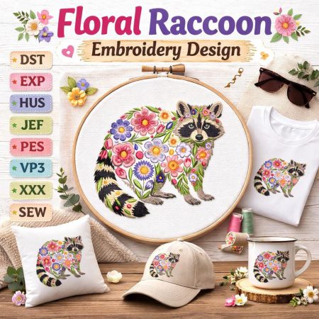 Floral Raccoon Embroidery Design, Woodland Animal Machine File (Digital Download)