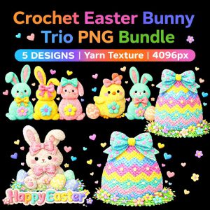 Crochet Easter Bunny Eggs Trio PNG Bundle, Yarn Texture, 5 Designs (Digital Download)