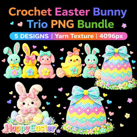 Crochet Easter Bunny Eggs Trio PNG Bundle, Yarn Texture, 5 Designs (Digital Download)