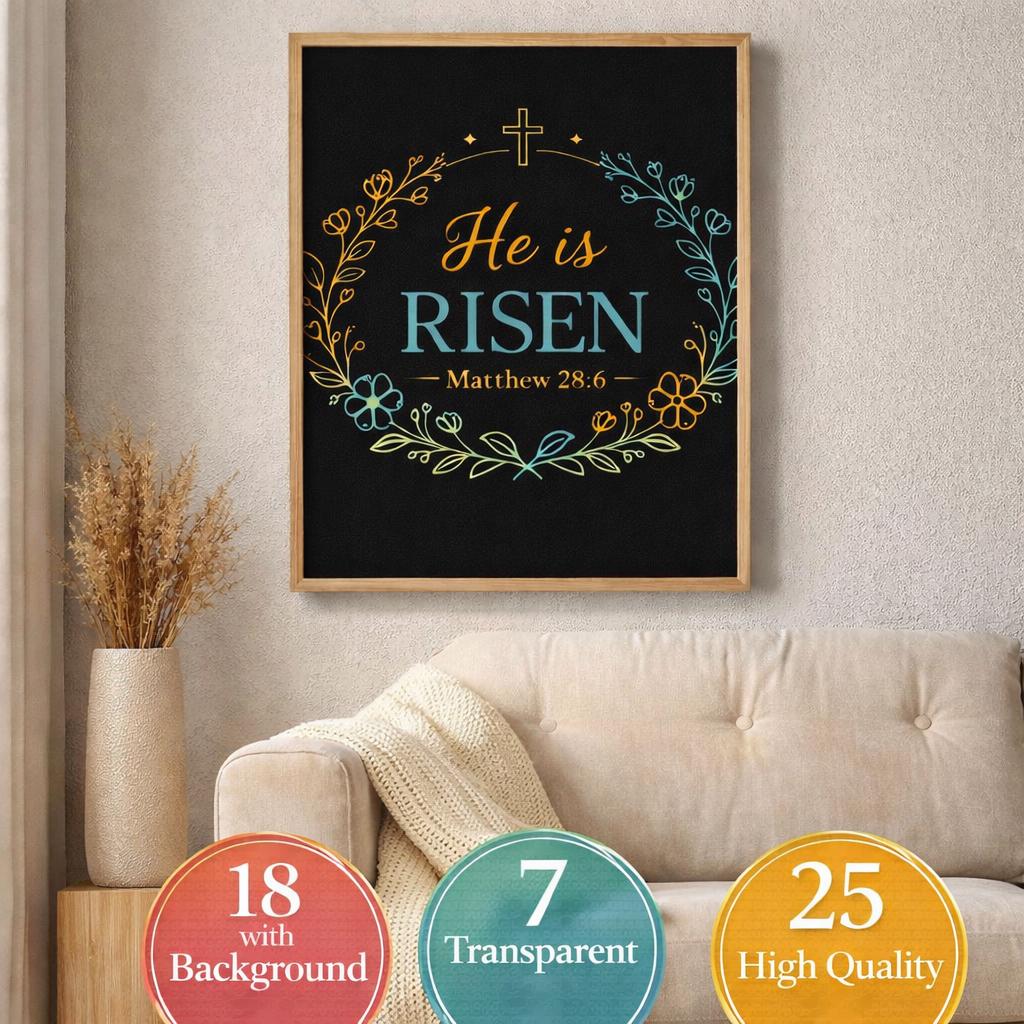 Christian Easter PNG Bundle, He Is Risen Floral Wreath Matthew 28:6 (Digital Download) - Image 4