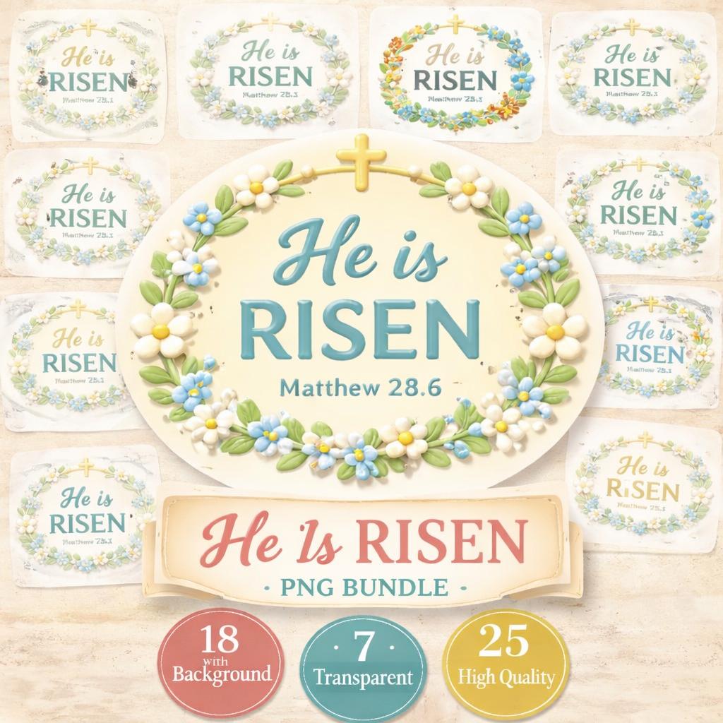 Christian Easter PNG Bundle, He Is Risen Floral Wreath Matthew 28:6 (Digital Download) - Image 8