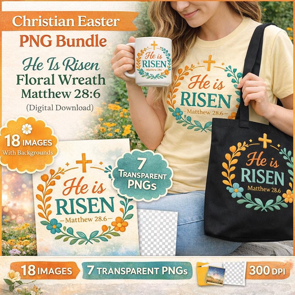 Christian Easter PNG Bundle, He Is Risen Floral Wreath Matthew 28:6 (Digital Download)