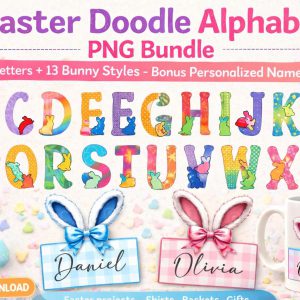 Easter Doodle Alphabet PNG Bundle, Bunny Styles, Name Tags (Digital Download)