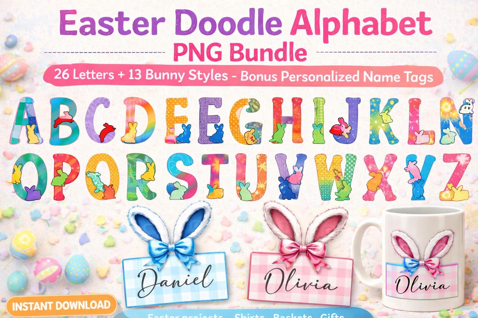 Easter Doodle Alphabet PNG Bundle, Bunny Styles, Name Tags (Digital Download)