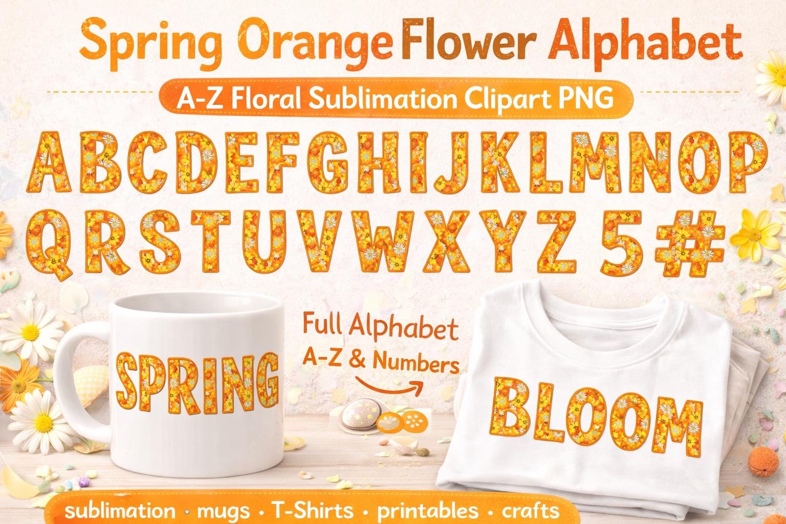 Spring Orange Floral Alphabet PNG Clipart, Retro Embroidery Letters (Digital Download) - Image 2