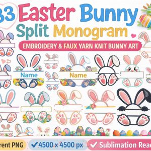 Easter Bunny Split Monogram PNG Bundle | Faux Yarn Knit Bunny Art (Digital Download)