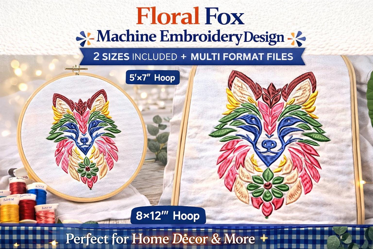 Floral Fox Embroidery Design | Woodland Boho Animal Machine Files (5x7, 8x12) - Image 2