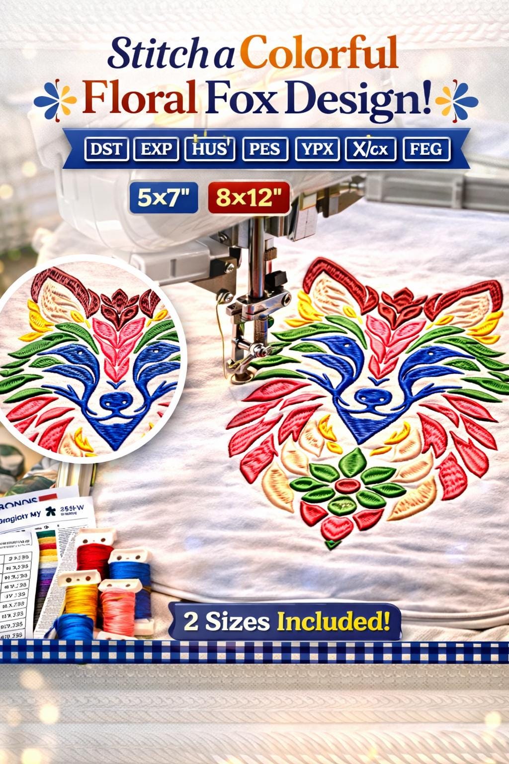 Floral Fox Embroidery Design | Woodland Boho Animal Machine Files (5x7, 8x12) - Image 4