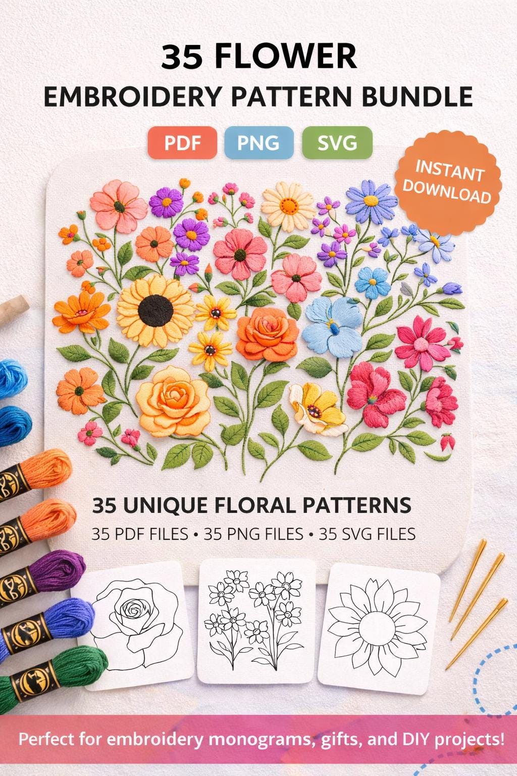 35 Unique Floral Embroidery Patterns | Hand Embroidery PDF Bundle (Instant Download) - Image 9