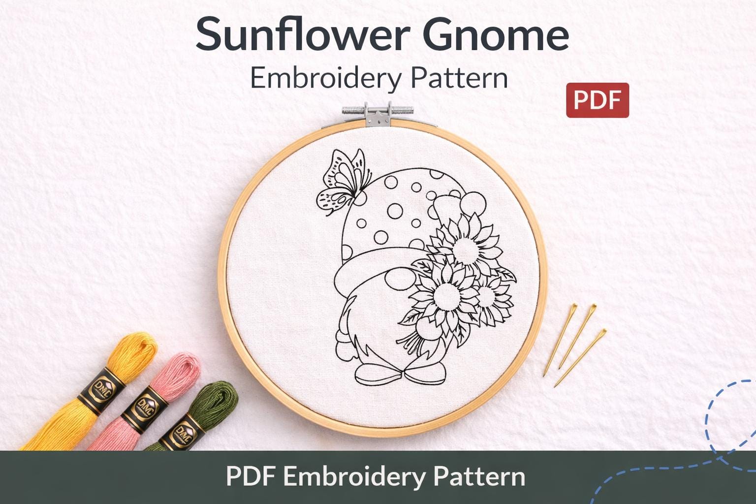 Sunflower Gnome Embroidery Pattern | Hand Stitch Floral PDF (Digital Download) - Image 2