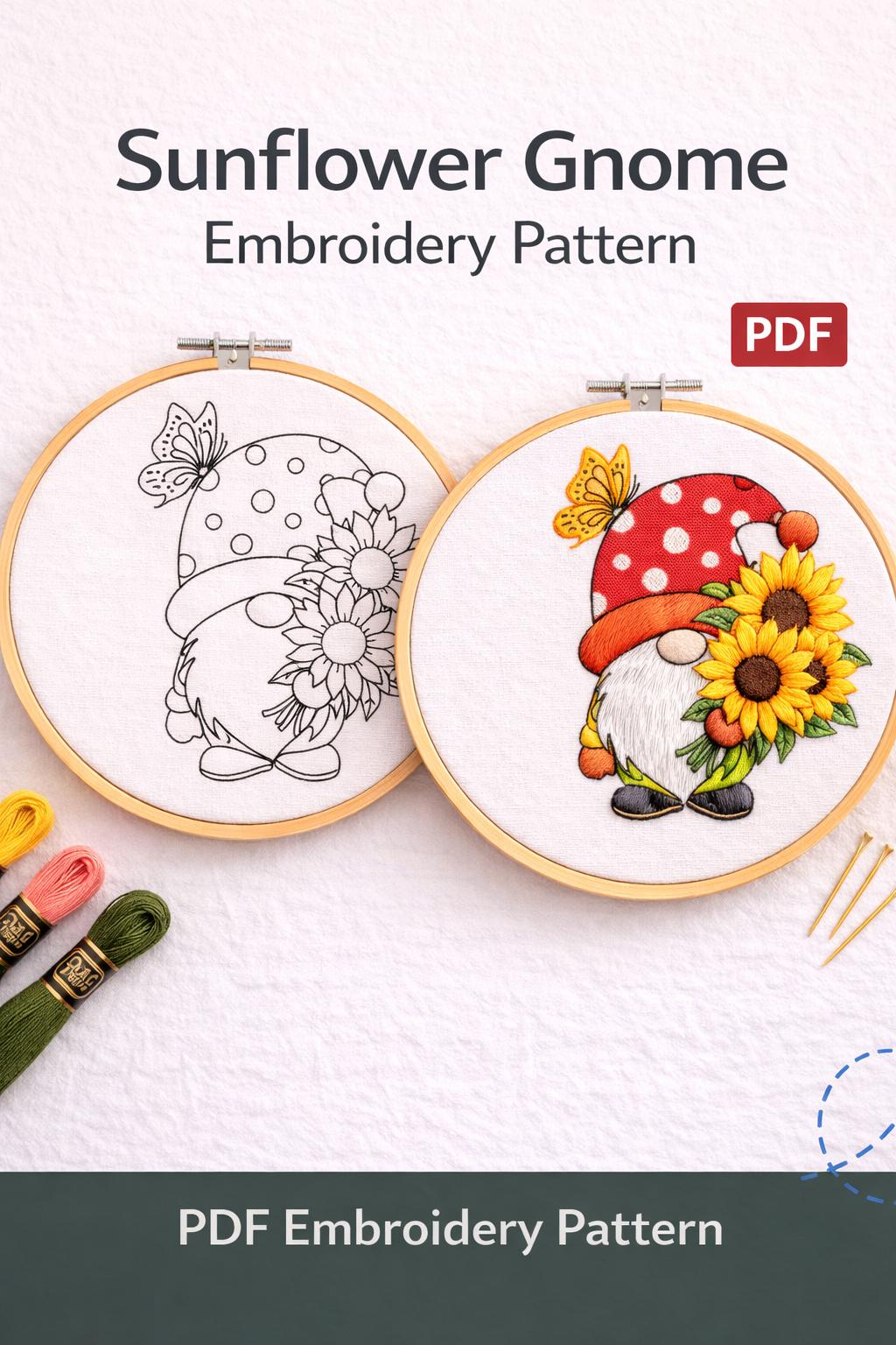 Sunflower Gnome Embroidery Pattern | Hand Stitch Floral PDF (Digital Download) - Image 4
