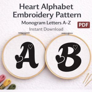 Heart Alphabet, Hand Embroidery Pattern, Monogram Initials A-Z (Digital Download)