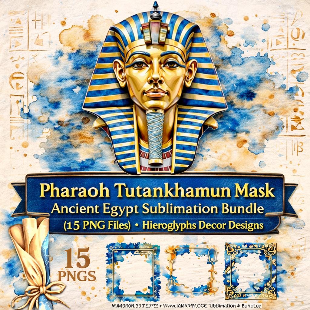 Pharaoh Tutankhamun Mask Ancient Egypt Wall Art Bundle – Hieroglyphs Decor Designs (15 PNG Files) - Image 3