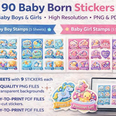 90 Baby Boy & Girl Stickers | Newborn Stamps, Die Cut (PNG, PDF)