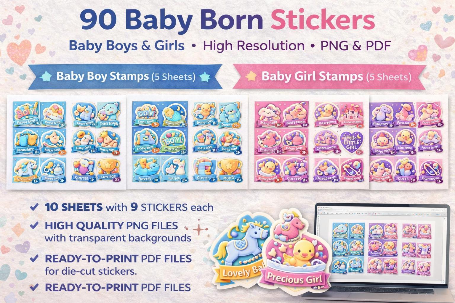 90 Baby Boy & Girl Stickers | Newborn Stamps, Die Cut (PNG, PDF)