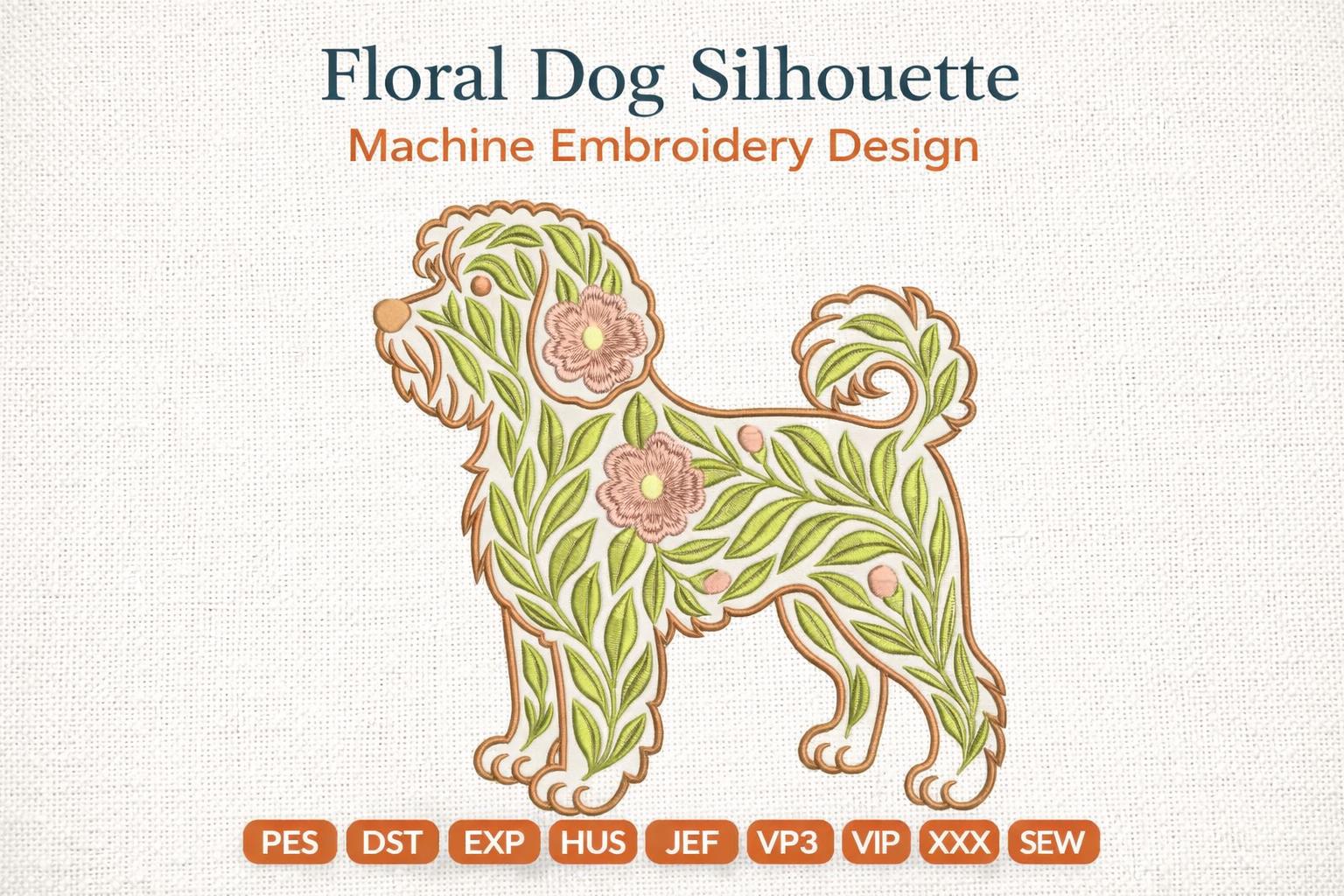 Floral Dog Silhouette Machine Embroidery Design | Flower Puppy Pattern | Pet Embroidery File (Digital Download)