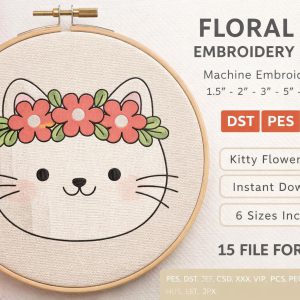 Floral Cat Embroidery Design | Machine files | Kitty Flower Crown (Digital Download)