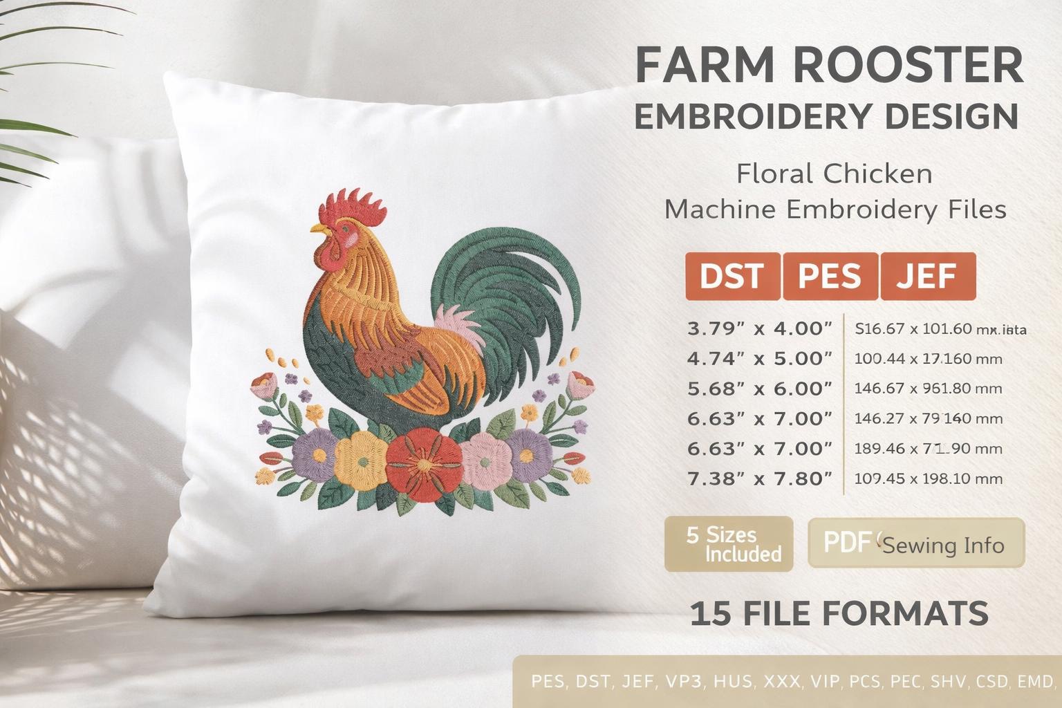 Farm Rooster Floral Embroidery Design | Country Chicken Machine File (Digital Download) - Image 5