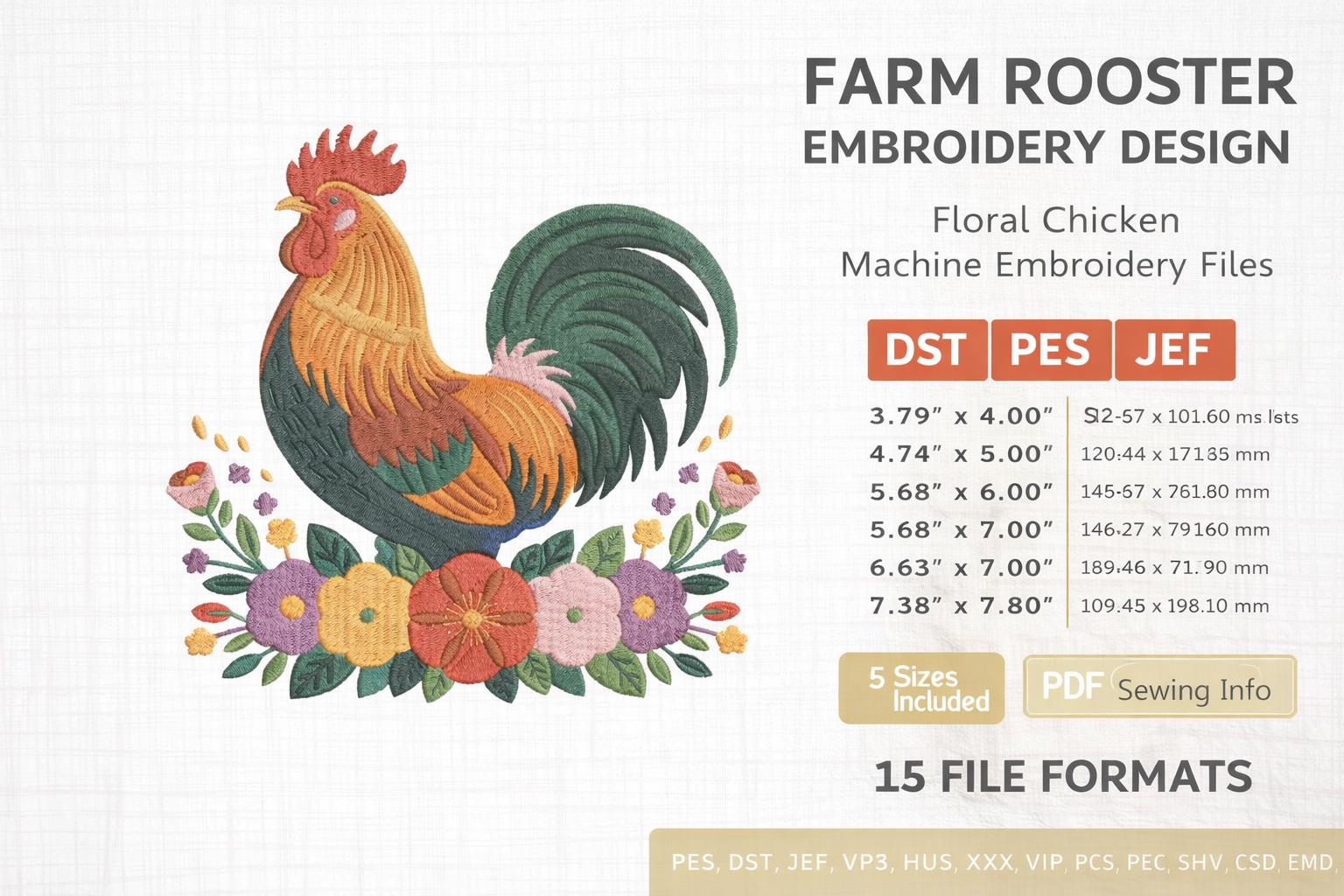 Farm Rooster Floral Embroidery Design | Country Chicken Machine File (Digital Download) - Image 2