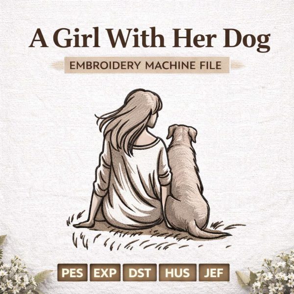 Girl and Dog Friendship Embroidery Design| Machine files | Minimalist Line Art (Digital Download)