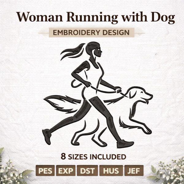 Woman Running with Dog Embroidery Design | Fitness Workout Machine File (Digital Download)